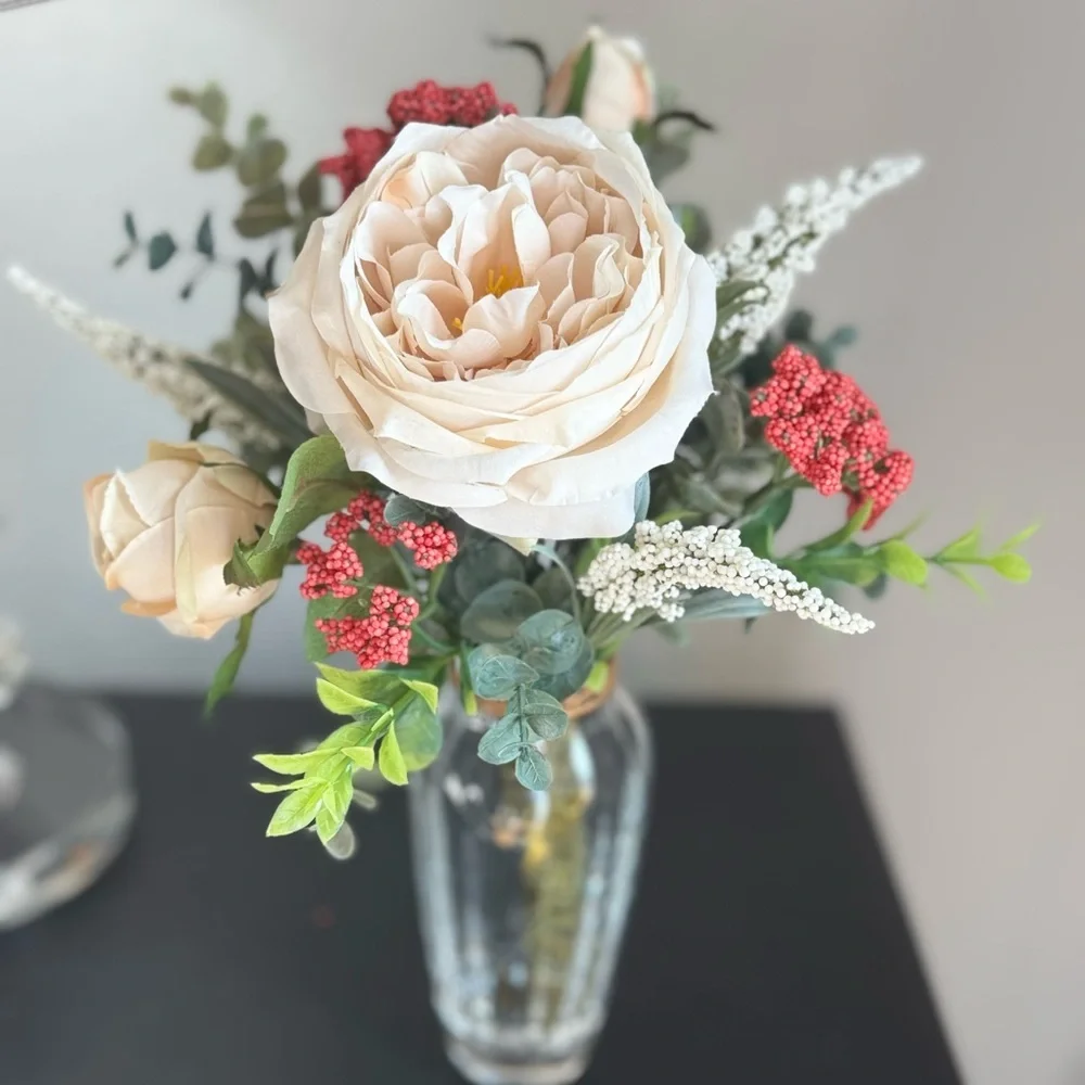 IT’S NEW Small Cream and Green Faux Floral Accent Arrangement